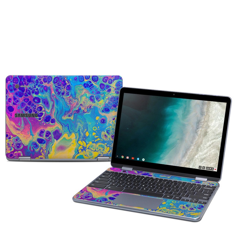 Samsung Chromebook Plus 2019 Skin design of Psychedelic art, Pattern, Purple, Visual arts, Design, Art, Fractal art, Electric blue, Graphic design, Graphics with blue, yellow, purple, pink colors