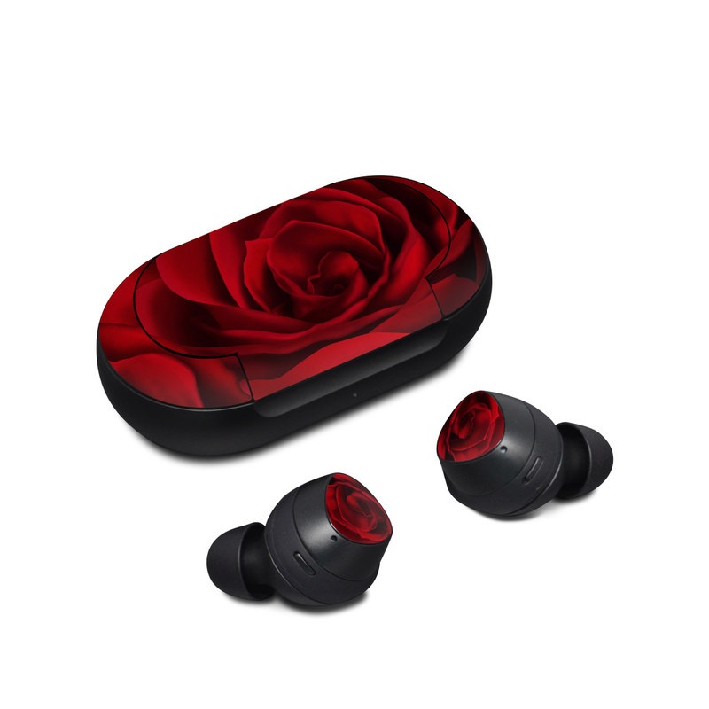 Samsung Galaxy Buds Skin design of Red, Garden roses, Rose, Petal, Flower, Nature, Floribunda, Rose family, Close-up, Plant with black, red colors