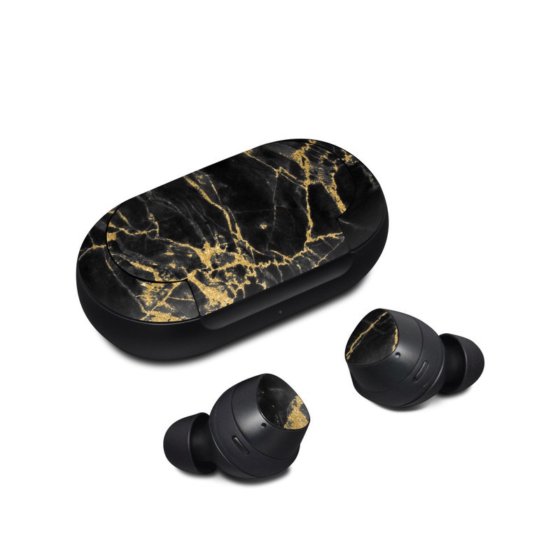 Samsung Galaxy Buds Skin design of Black, Yellow, Water, Brown, Branch, Leaf, Rock, Tree, Marble, Sky, with black, yellow colors