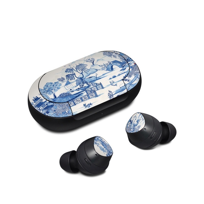 Samsung Galaxy Buds Skin design of Blue, Blue and white porcelain, Winter, Christmas eve, Illustration, Snow, World, Art, with blue, white colors