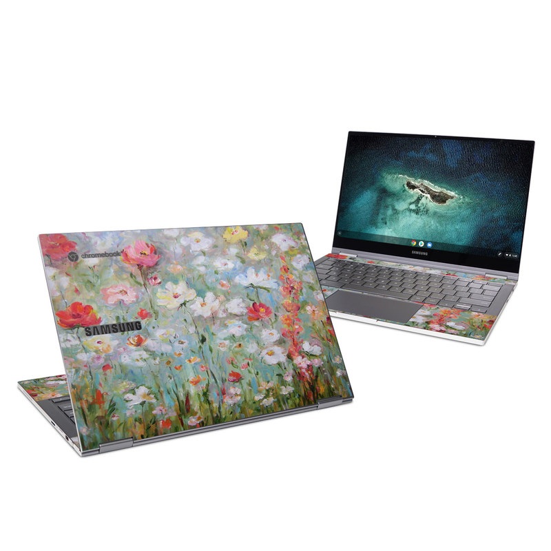 Samsung Galaxy Chromebook Skin design of Flower, Painting, Watercolor paint, Plant, Modern art, Wildflower, Botany, Meadow, Acrylic paint, Flowering plant with gray, black, green, red, blue colors