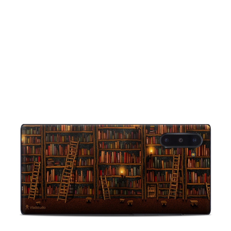 Samsung Galaxy Note 10 Skin design of Shelving, Library, Bookcase, Shelf, Furniture, Book, Building, Publication, Room, Darkness, with black, red colors