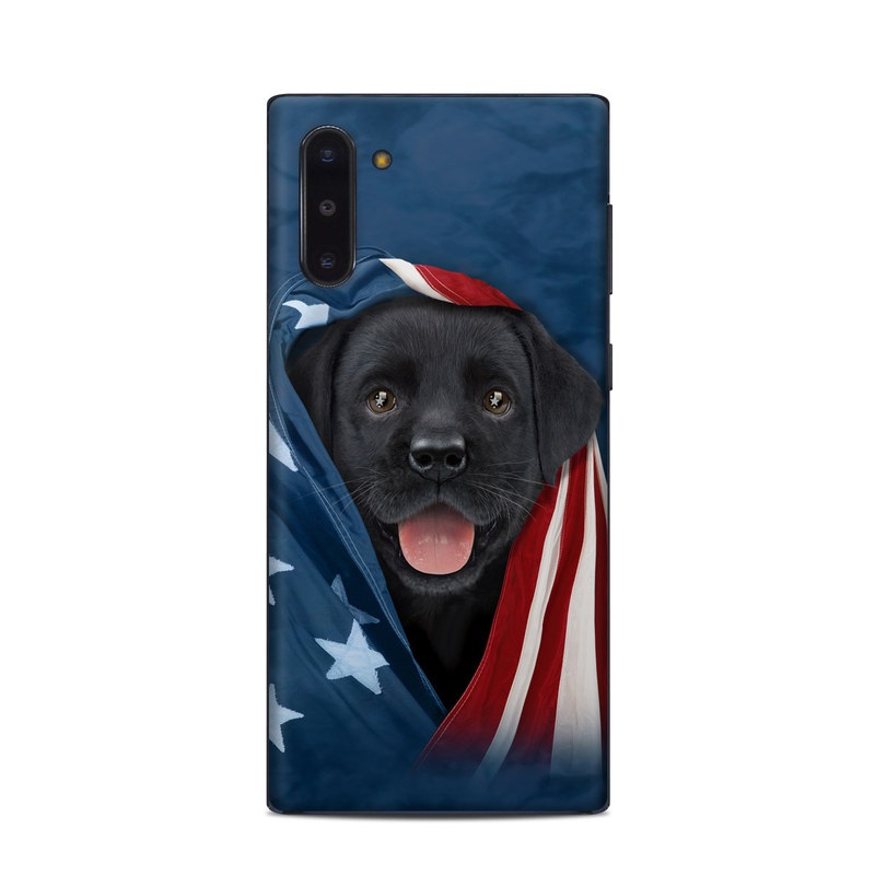 Samsung Galaxy Note 10 Skin design of Canidae, Dog, Dog breed, Flag, Snout, Carnivore, Sporting Group, Labrador retriever, Flag of the united states, Puppy with black, gray, white, blue, red colors