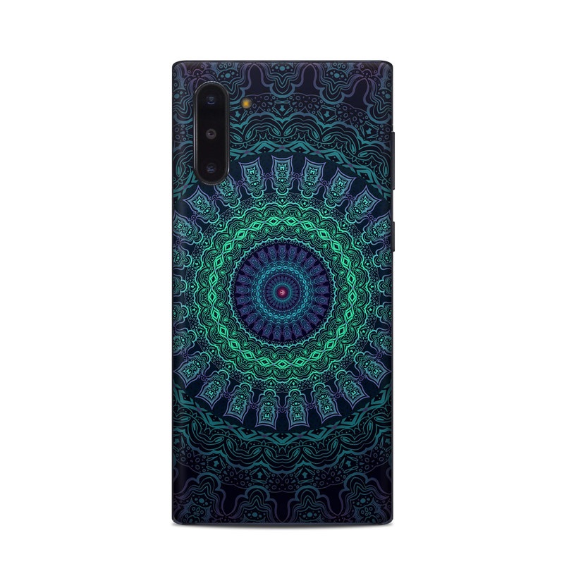 Samsung Galaxy Note 10 Skin design of Colorfulness, Blue, Green, Pattern, Teal, Turquoise, Art, Electric Blue, Aqua, Circle, Majorelle Blue, Visual Arts, Fractal Art, Design, Symmetry, Psychedelic Art, Graphics, Kaleidoscope, Motif, with black, green, red colors
