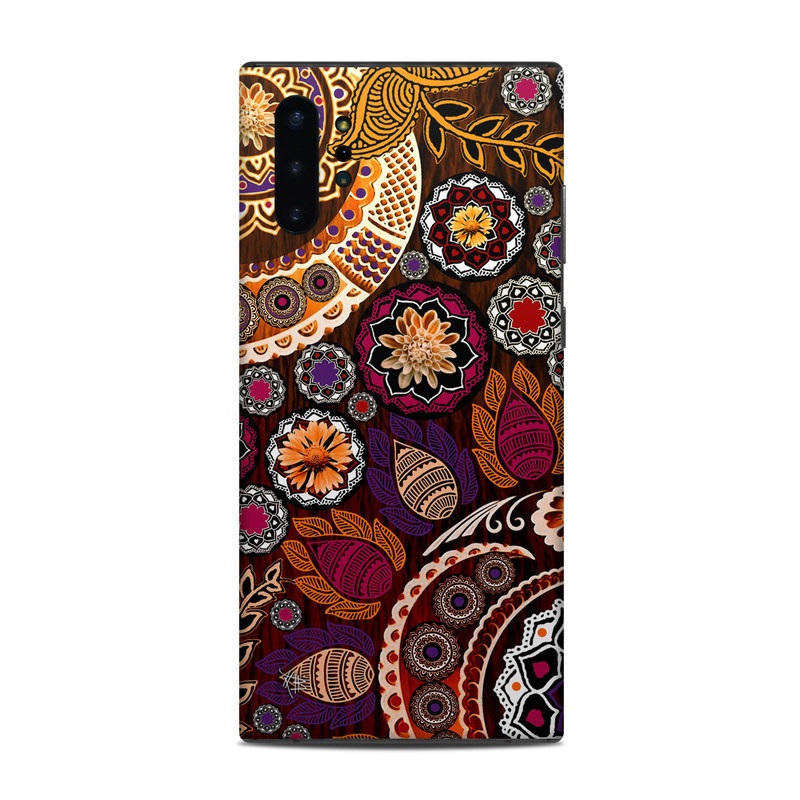 Samsung Galaxy Note 10 Plus Skin design of Pattern, Motif, Visual arts, Design, Art, Floral design, Textile, Paisley, Tapestry, Circle, with brown, purple, red, white, black colors