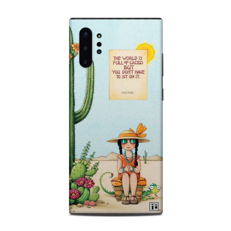 Samsung Galaxy Note 10 Plus Skin design of Cartoon, Cactus, Illustration, Animated cartoon, Plant, Vegetable, Fictional character, Art, with green, yellow, pink, orange, brown colors