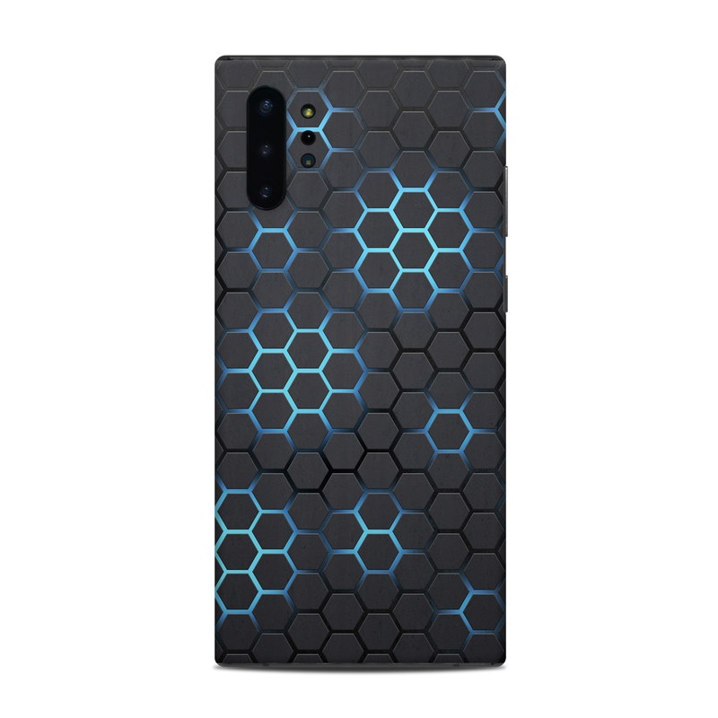 Samsung Galaxy Note 10 Plus Skin design of Pattern, Water, Design, Circle, Metal, Mesh, Sphere, Symmetry, with black, gray, blue colors