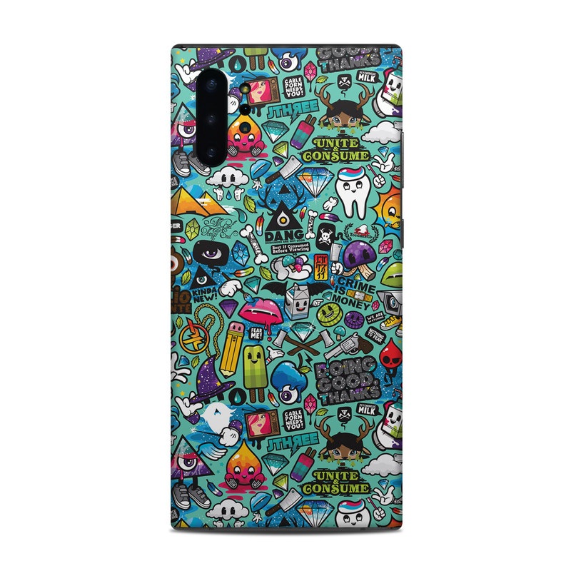 Samsung Galaxy Note 10 Plus Skin design of Cartoon, Art, Pattern, Design, Illustration, Visual arts, Doodle, Psychedelic art with black, blue, gray, red, green colors