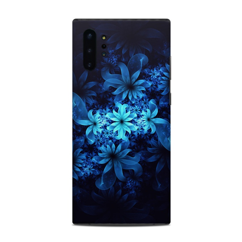 Samsung Galaxy Note 10 Plus Skin design of Nature, Blue, Petal, Organism, Darkness, Flower, Colorfulness, Electric Blue, Majorelle Blue, Pattern, Botany, Still Life Photography, Space, Aquatic Plant, Fractal Art, Visual Arts, Illustration, Symmetry, Midnight, Wildflower, Painting, Still Life with black, blue, white colors