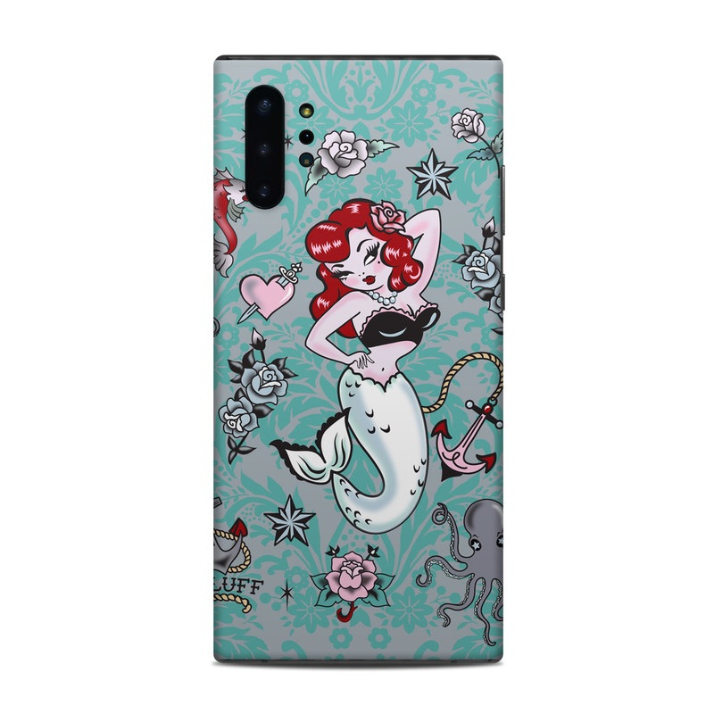 Samsung Galaxy Note 10 Plus Skin design of Mermaid, Illustration, Fictional character, Organism, Art, Pattern, Style, with gray, blue, black, red, white, pink colors