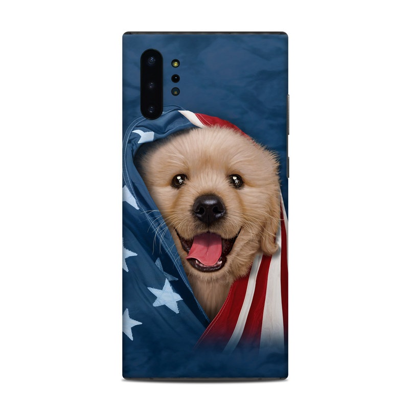 Samsung Galaxy Note 10 Plus Skin design of Dog, Canidae, Mammal, Dog breed, Carnivore, Puppy, Snout, Companion dog, Sporting Group, Pomeranian, with yellow, black, brown, white, blue, red colors
