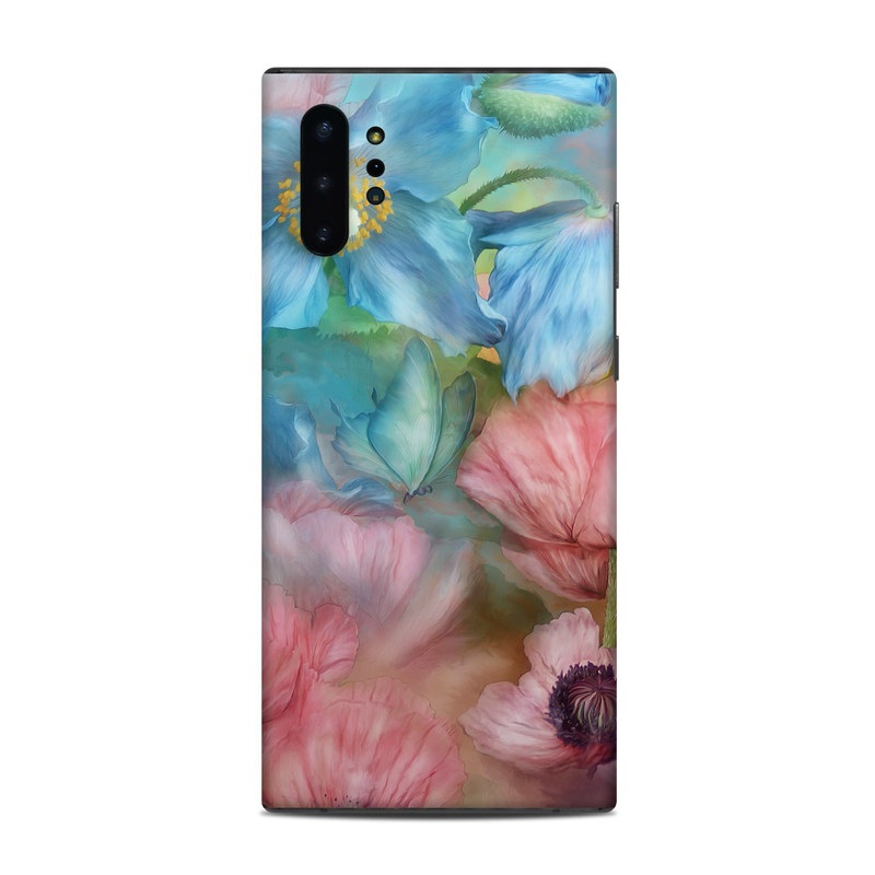 Samsung Galaxy Note 10 Plus Skin design of Flower, Petal, Watercolor paint, Painting, Plant, Flowering plant, Pink, Botany, Wildflower, Still life, with gray, blue, black, red, green colors