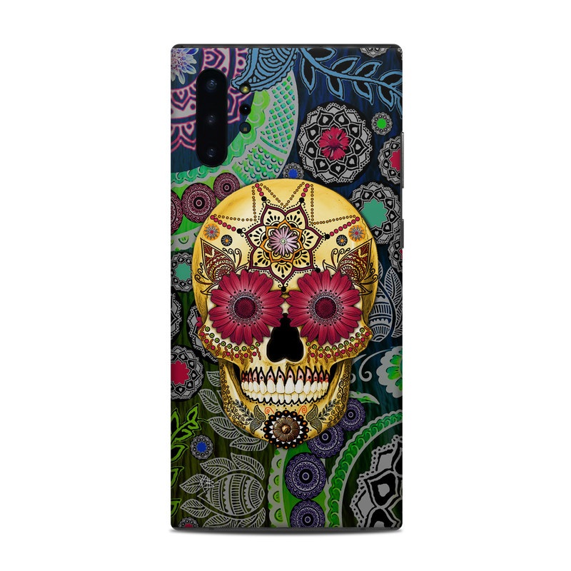 Samsung Galaxy Note 10 Plus Skin design of Skull, Bone, Pattern, Psychedelic art, Visual arts, Design, Illustration, Art, Textile, Plant, with black, red, gray, green, blue colors