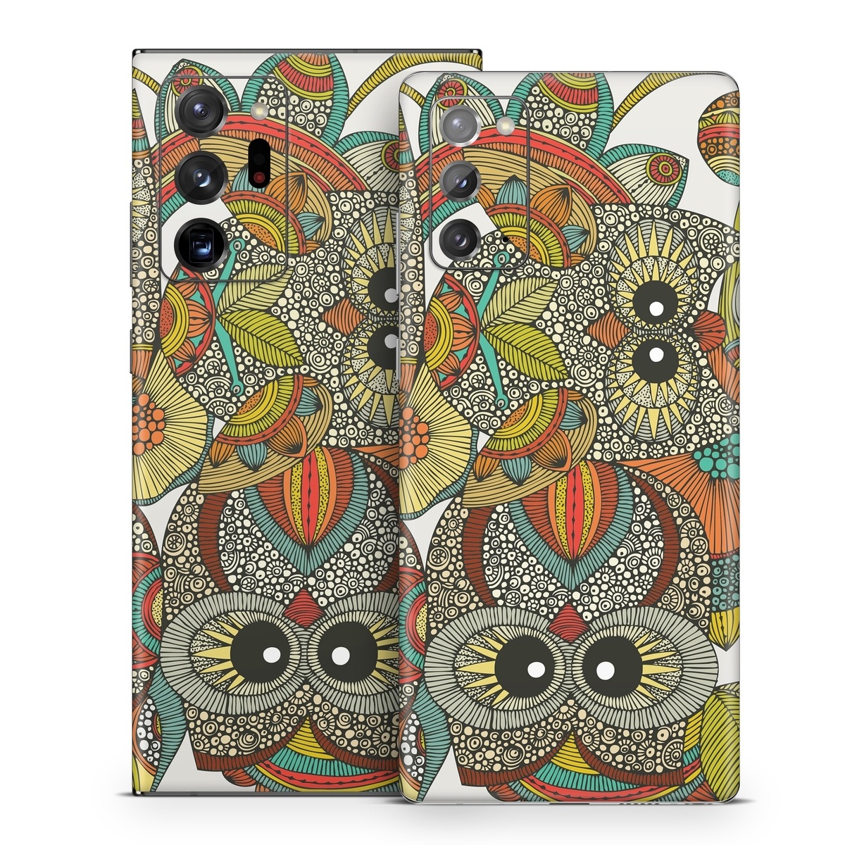 Samsung Galaxy Note 20 Series Skin design of Owl, Pattern, Visual arts, Art, Design, Textile, Illustration, Motif, Bird, with white, green, orange, yellow, blue, red colors