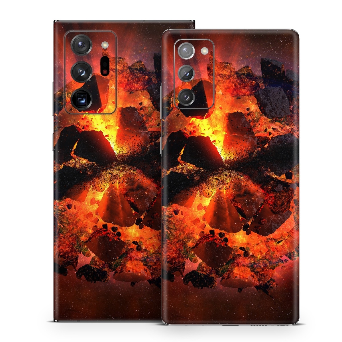 Samsung Galaxy Note 20 Series Skin design of Flame, Heat, Fire, Space, Atmosphere, Charcoal, Explosion, Geological phenomenon, Ash, Graphics, with black, red colors