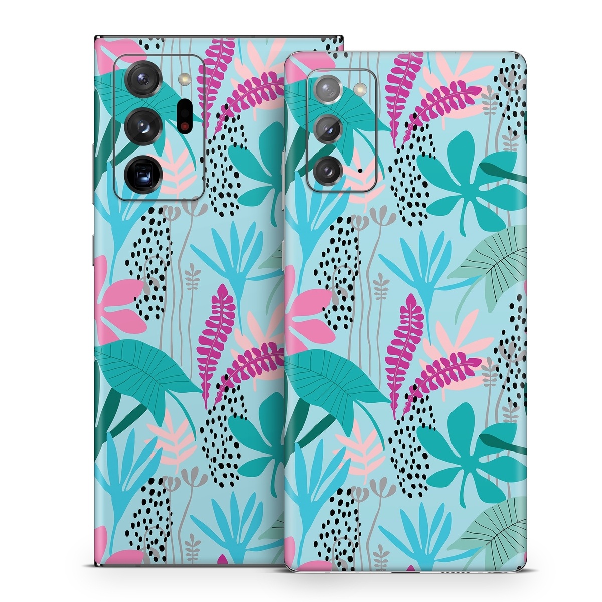 Samsung Galaxy Note 20 Series Skin design of White, Leaf, Botany, Green, Textile, Branch, Organism, Plant, Font, Pink, with blue, green, pink, purple, black, gray colors