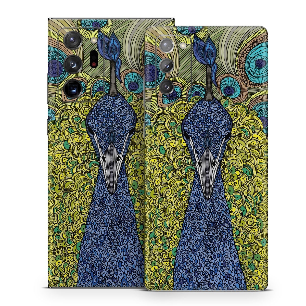 Samsung Galaxy Note 20 Series Skin design of Peafowl, Bird, Feather, Pattern, Art, Phasianidae, Galliformes, Design, Psychedelic art, Symmetry, with green, blue, yellow colors