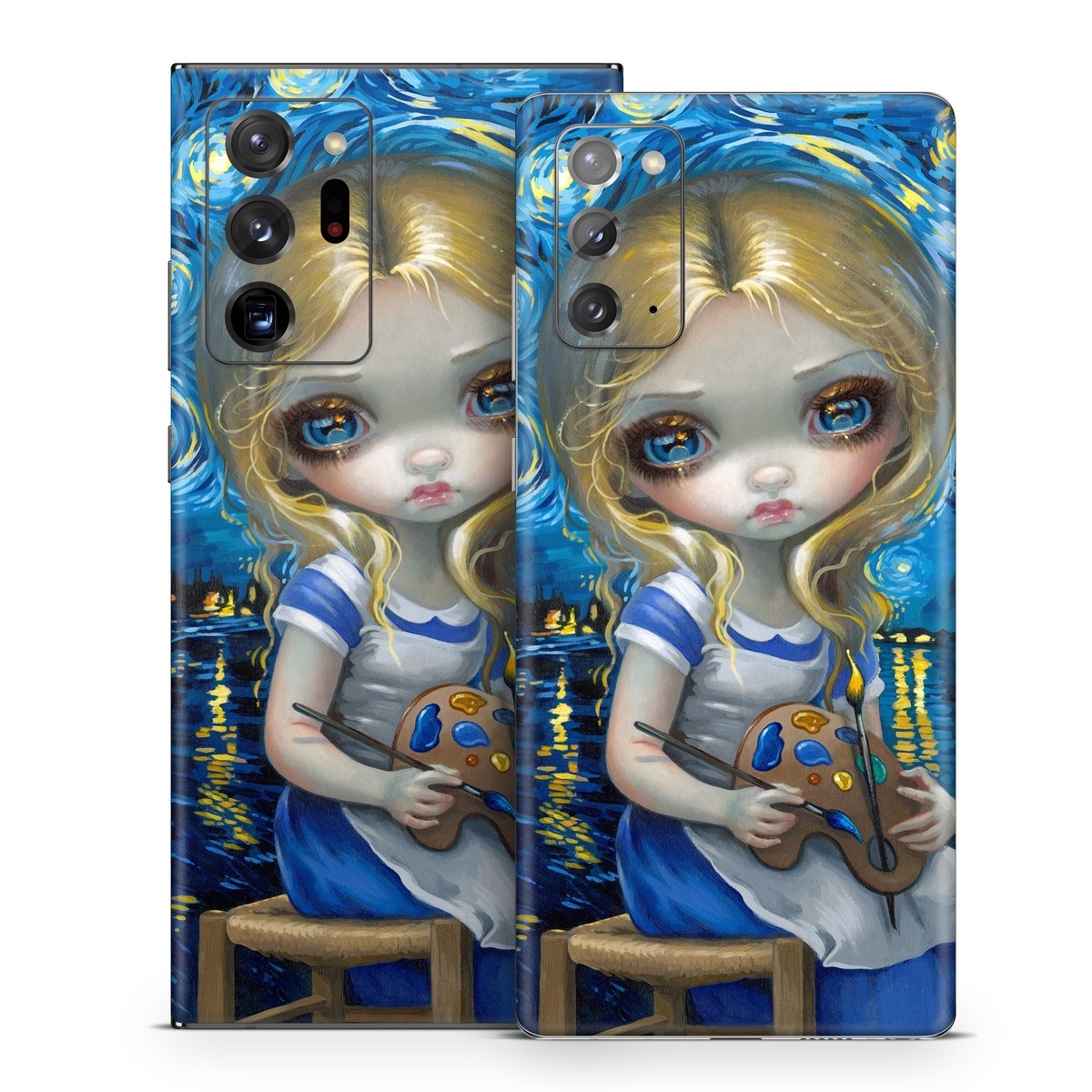 Samsung Galaxy Note 20 Series Skin design of Blue, Illustration, Cg artwork, Doll, Art, Acrylic paint, Painting, Toy, Fictional character, Visual arts, with blue, yellow, white, brown, red colors