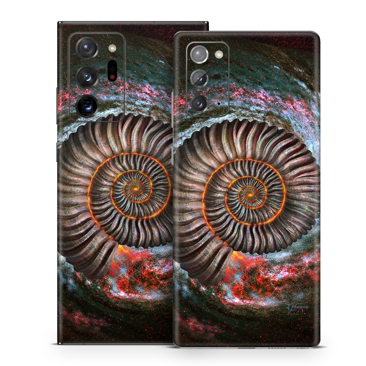 Samsung Galaxy Note 20 Series Skin design of Spiral, Fractal art, Vortex, Circle, Art, Ammonoidea, with black, brown, red, white, blue, green colors
