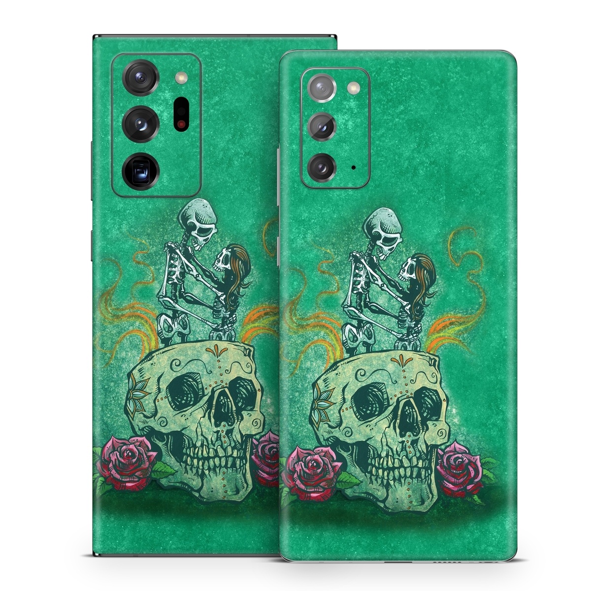 Samsung Galaxy Note 20 Series Skin design of Bone, Skull, Aqua, Pattern, Electric blue, Fashion accessory, Font, Fictional character, Art, Grass, with green, pink, red, yellow, orange, white, gray colors
