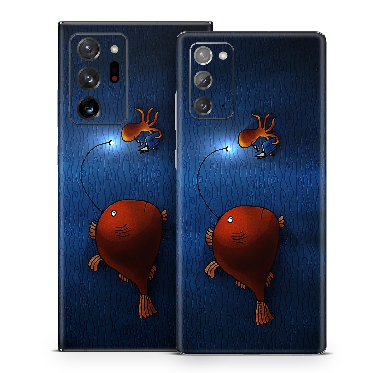 Samsung Galaxy Note 20 Series Skin design of Deep sea fish, Anglerfish, Illustration, Fish, Animation, Art, with blue, red colors