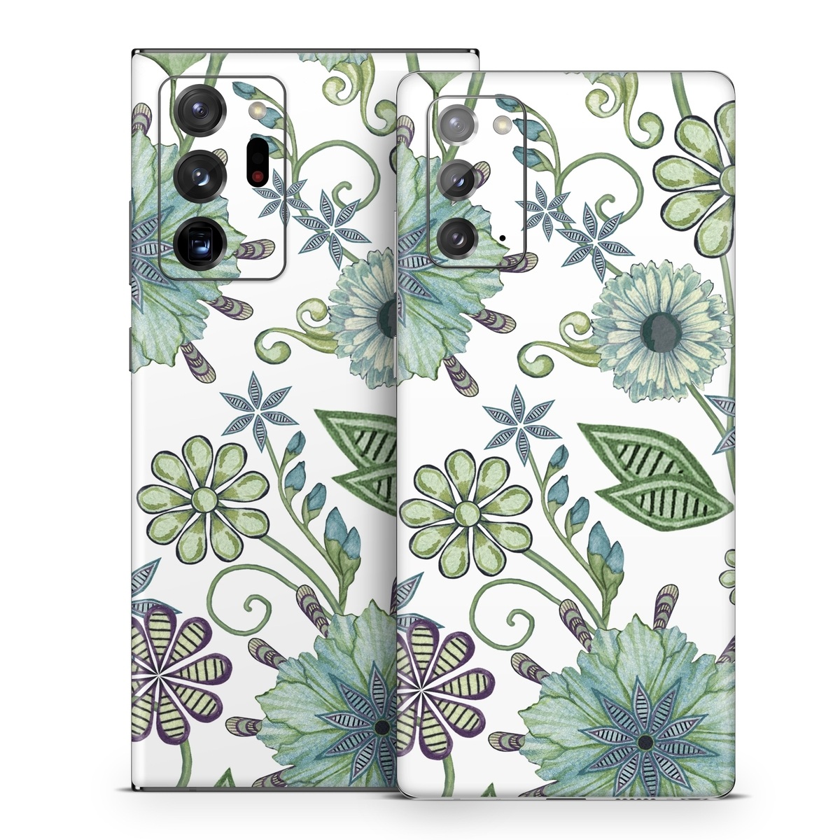Samsung Galaxy Note 20 Series Skin design of Green, Pattern, Flower, Botany, Plant, Leaf, Design, Wildflower, with white, green, blue colors