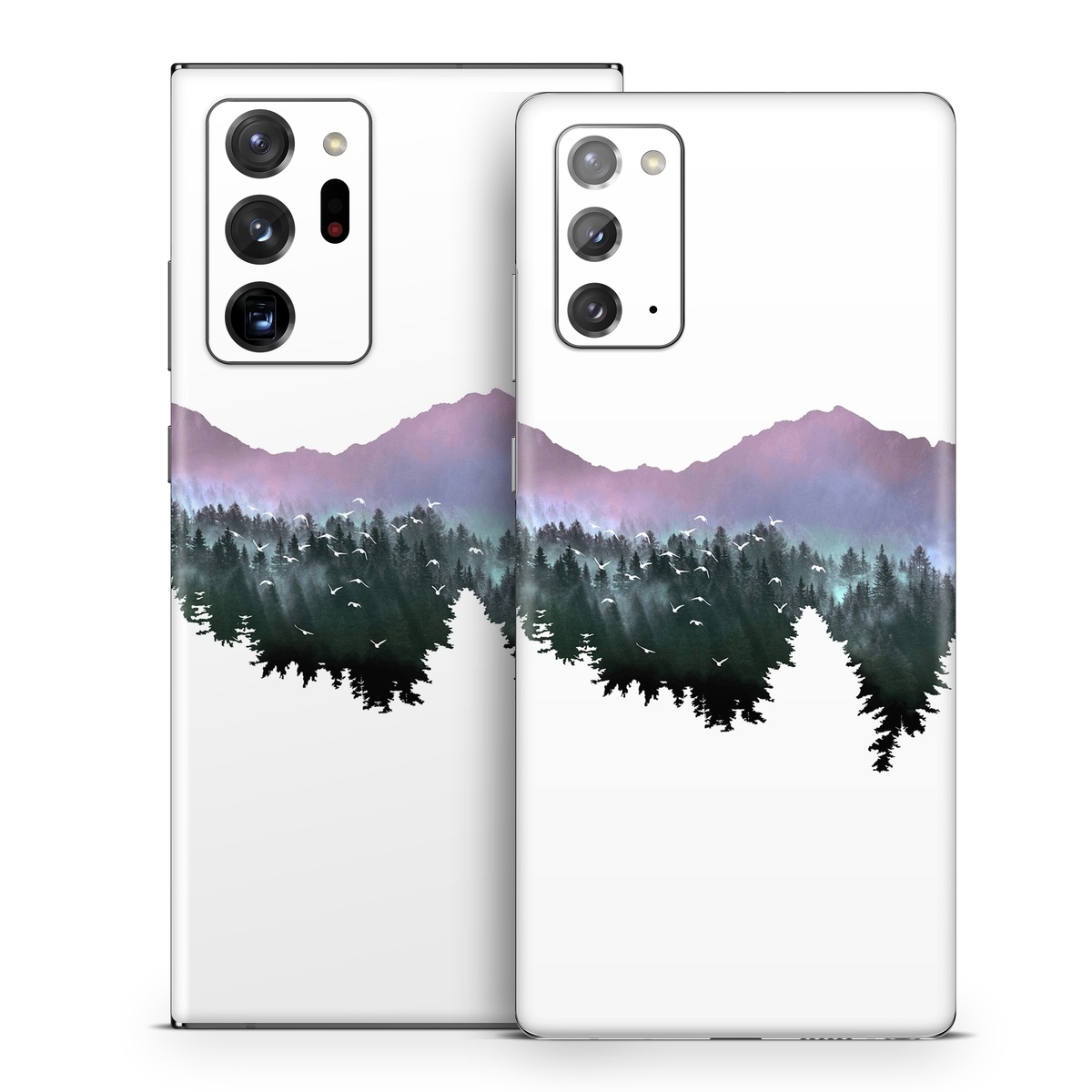Samsung Galaxy Note 20 Series Skin design of Nature, Mountainous landforms, Mountain, Atmospheric phenomenon, Tree, Wilderness, Sky, Mountain range, Forest, Hill, with white, black, purple, blue, green colors