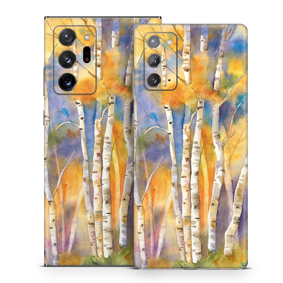 Samsung Galaxy Note 20 Series Skin design of Canoe birch, Watercolor paint, Tree, Birch, Woody plant, Painting, Plant, Birch family, Paint, Trunk, with orange, yellow, green, white, purple, blue colors