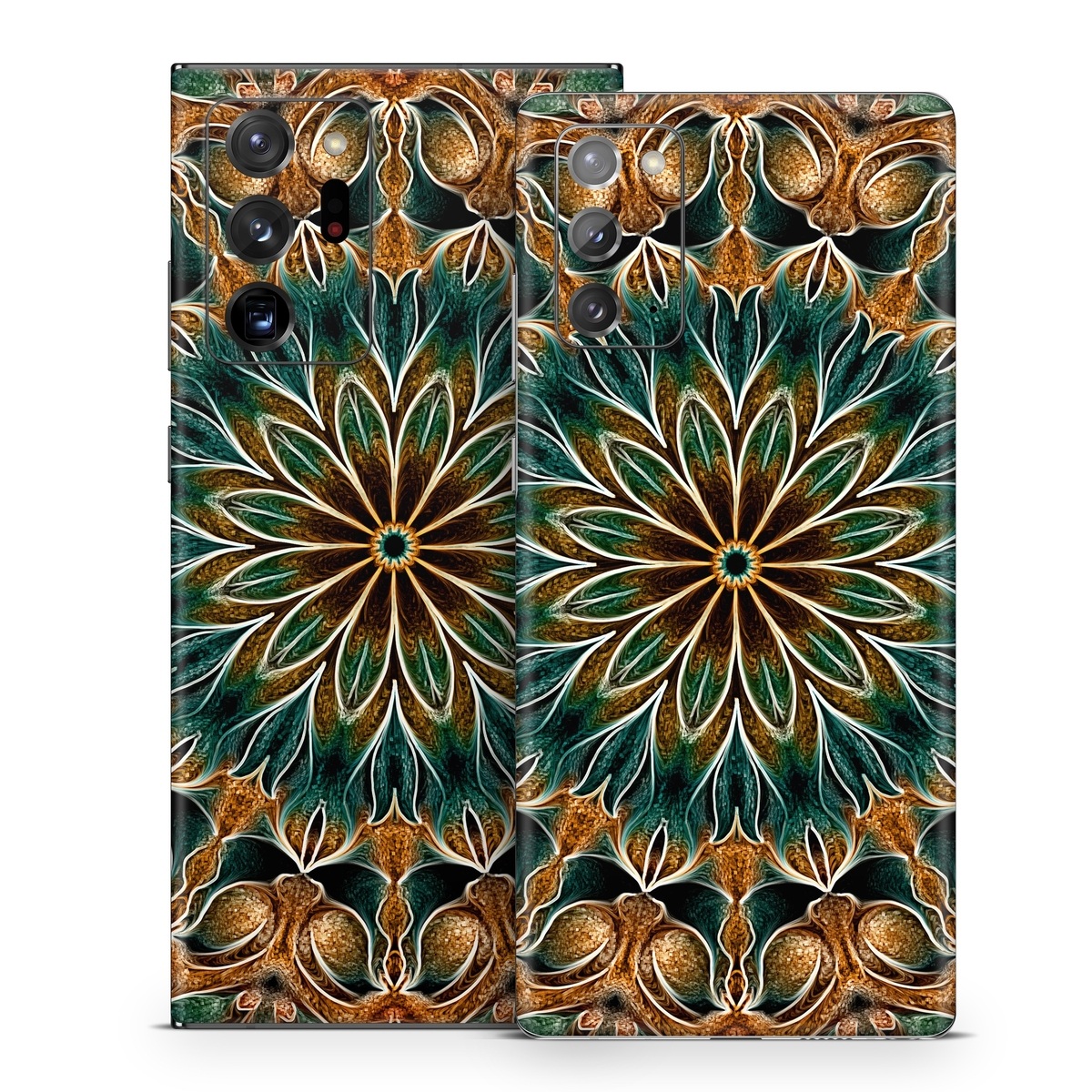 Samsung Galaxy Note 20 Series Skin design of Pattern, Symmetry, Textile, Art, Psychedelic art, Tapestry, Design, Visual arts, Kaleidoscope, Motif, with green, orange, yellow, brown, red colors