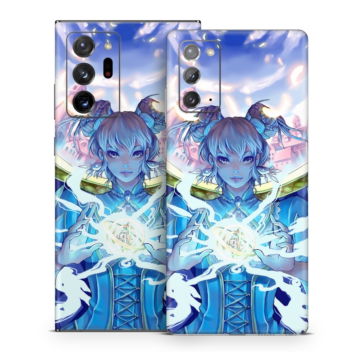 Samsung Galaxy Note 20 Series Skin design of Cg artwork, Anime, Cartoon, Sky, Long hair, Illustration, Fictional character, Black hair, Art, with blue, purple, pink, white, yellow colors