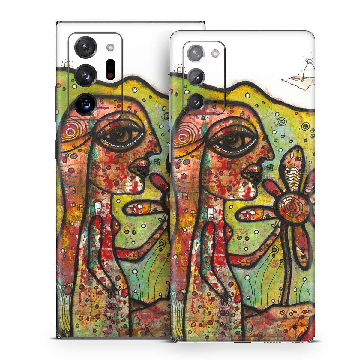 Samsung Galaxy Note 20 Series Skin design of Modern art, Art, Painting, Acrylic paint, Psychedelic art, Visual arts, Watercolor paint, Illustration, Paint, Style, with green, black, red, white, orange, yellow colors