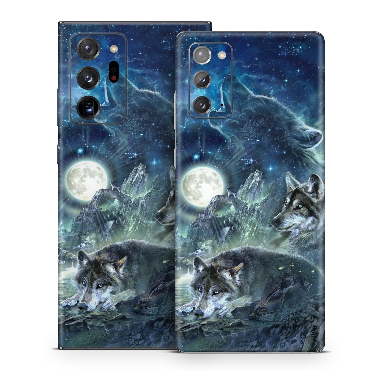 Samsung Galaxy Note 20 Series Skin design of Cg artwork, Fictional character, Darkness, Werewolf, Illustration, Wolf, Mythical creature, Graphic design, Dragon, Mythology, with black, blue, gray, white colors