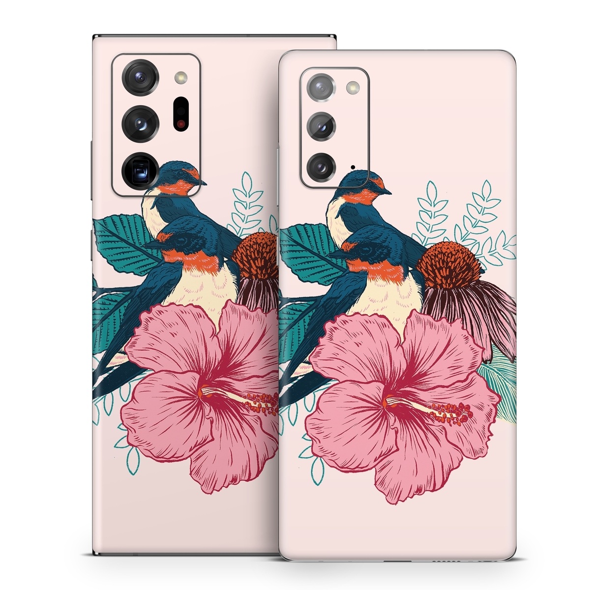 Samsung Galaxy Note 20 Series Skin design of Bird, Hawaiian hibiscus, Hibiscus, Illustration, Chinese hibiscus, Botany, Flower, Plant, Malvales, Mallow family, with blue, pink, green, yellow, red colors
