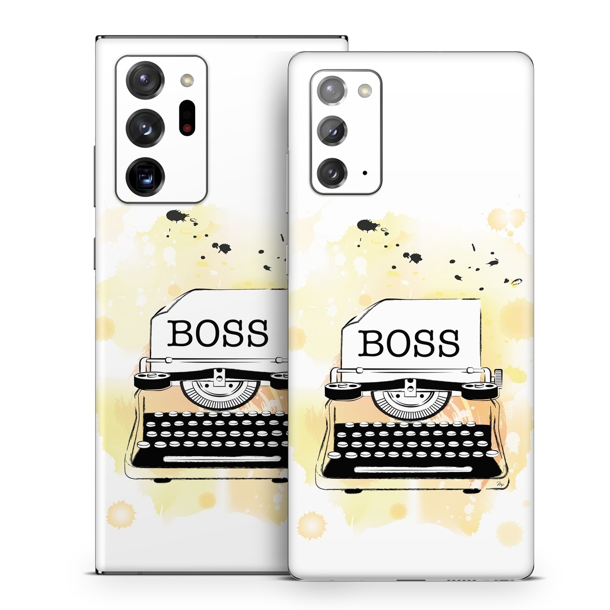 Samsung Galaxy Note 20 Series Skin design of Font, Office equipment, Art, Typewriter, Illustration, Graphics, Painting, Eyelash, Logo, Line art, with white, black, yellow, orange colors