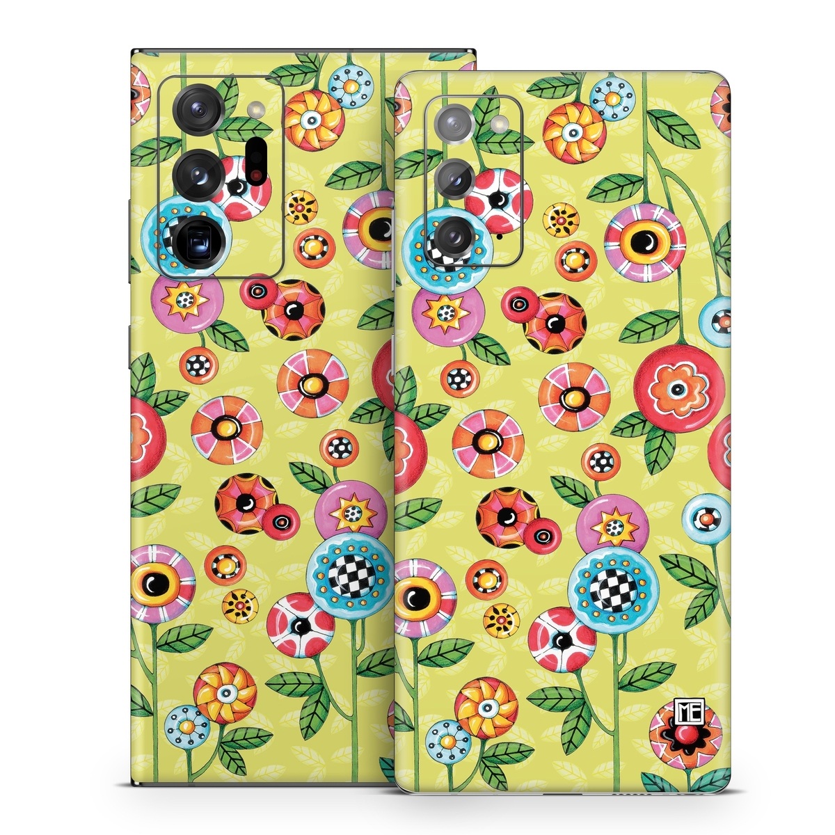 Samsung Galaxy Note 20 Series Skin design of Wrapping paper, Pattern, Textile, Design, Visual arts, Wildflower, Art, Plant, Child art, Flower, with green, blue, red, yellow, orange, pink colors