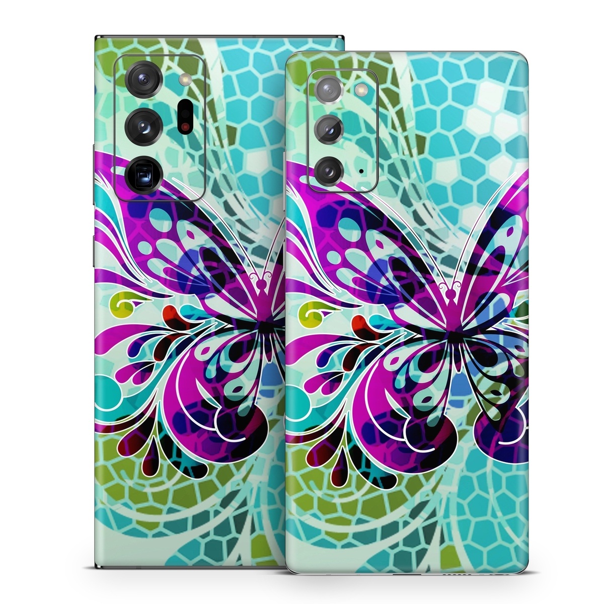 Samsung Galaxy Note 20 Series Skin design of Butterfly, Pattern, Insect, Moths and butterflies, Purple, Graphic design, Design, Pollinator, Visual arts, Magenta, with blue, green, purple colors