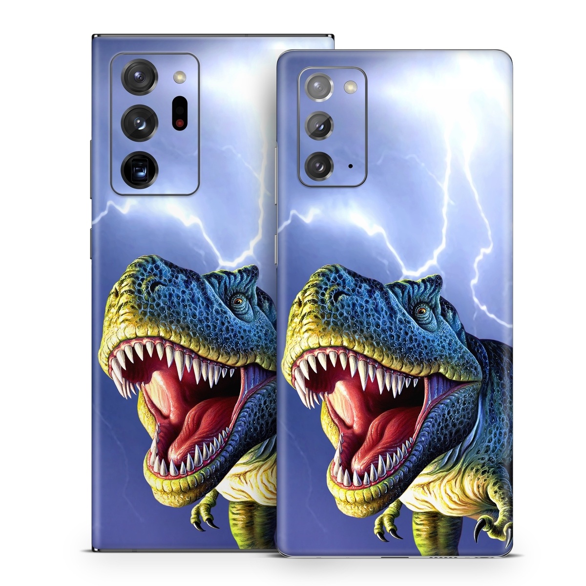Samsung Galaxy Note 20 Series Skin design of Dinosaur, Extinction, Tyrannosaurus, Velociraptor, Tooth, Jaw, Organism, Mouth, Fictional character, Art, with blue, green, yellow, orange, red colors