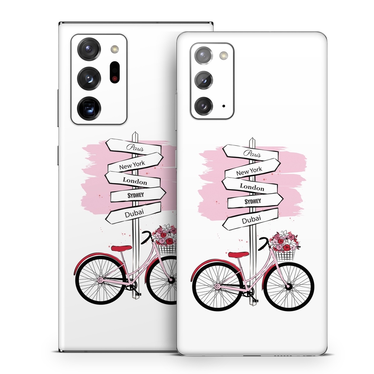 Samsung Galaxy Note 20 Series Skin design of Bicycle, Wheel, Bicycles--Equipment and supplies, Tire, Bicycle tire, Bicycle frame, Bicycle wheel, Bicycle wheel rim, Vehicle, Bicycle fork, with white, black, red, pink colors