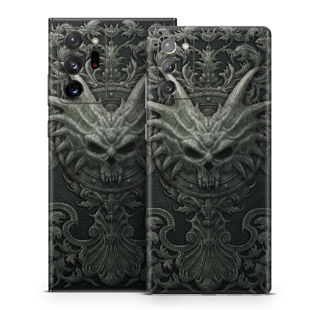 Samsung Galaxy Note 20 Series Skin design of Demon, Dragon, Fictional character, Illustration, Supernatural creature, Drawing, Symmetry, Art, Mythology, Mythical creature, with black, gray colors