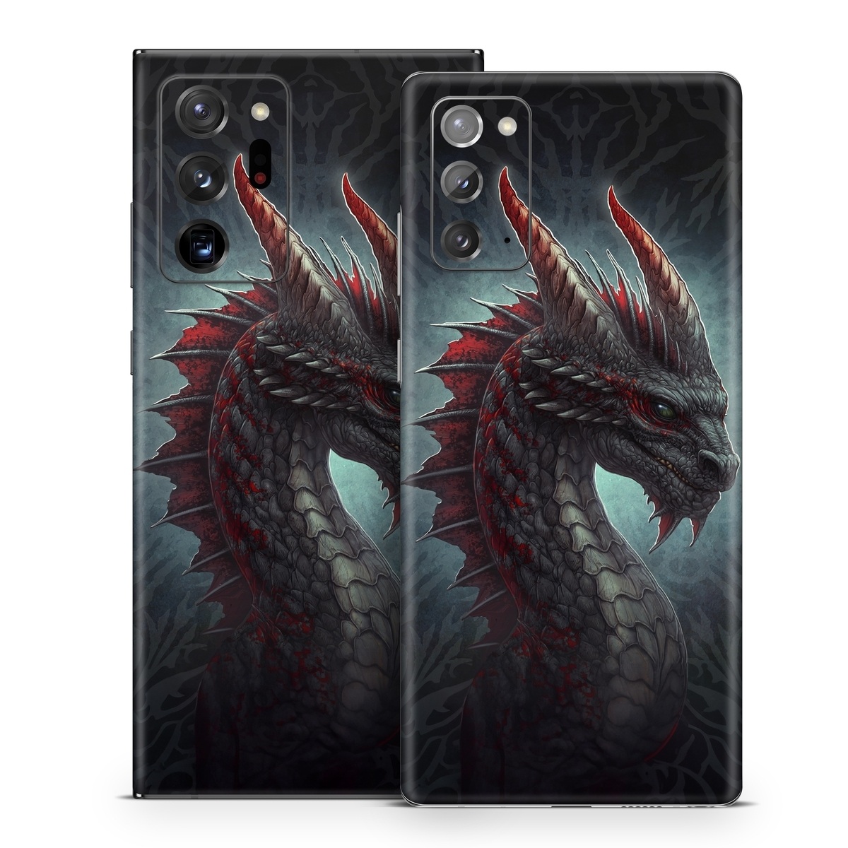 Samsung Galaxy Note 20 Series Skin design of Dragon, Fictional character, Mythical creature, Demon, Cg artwork, Illustration, Green dragon, Supernatural creature, Cryptid, with red, gray, blue colors