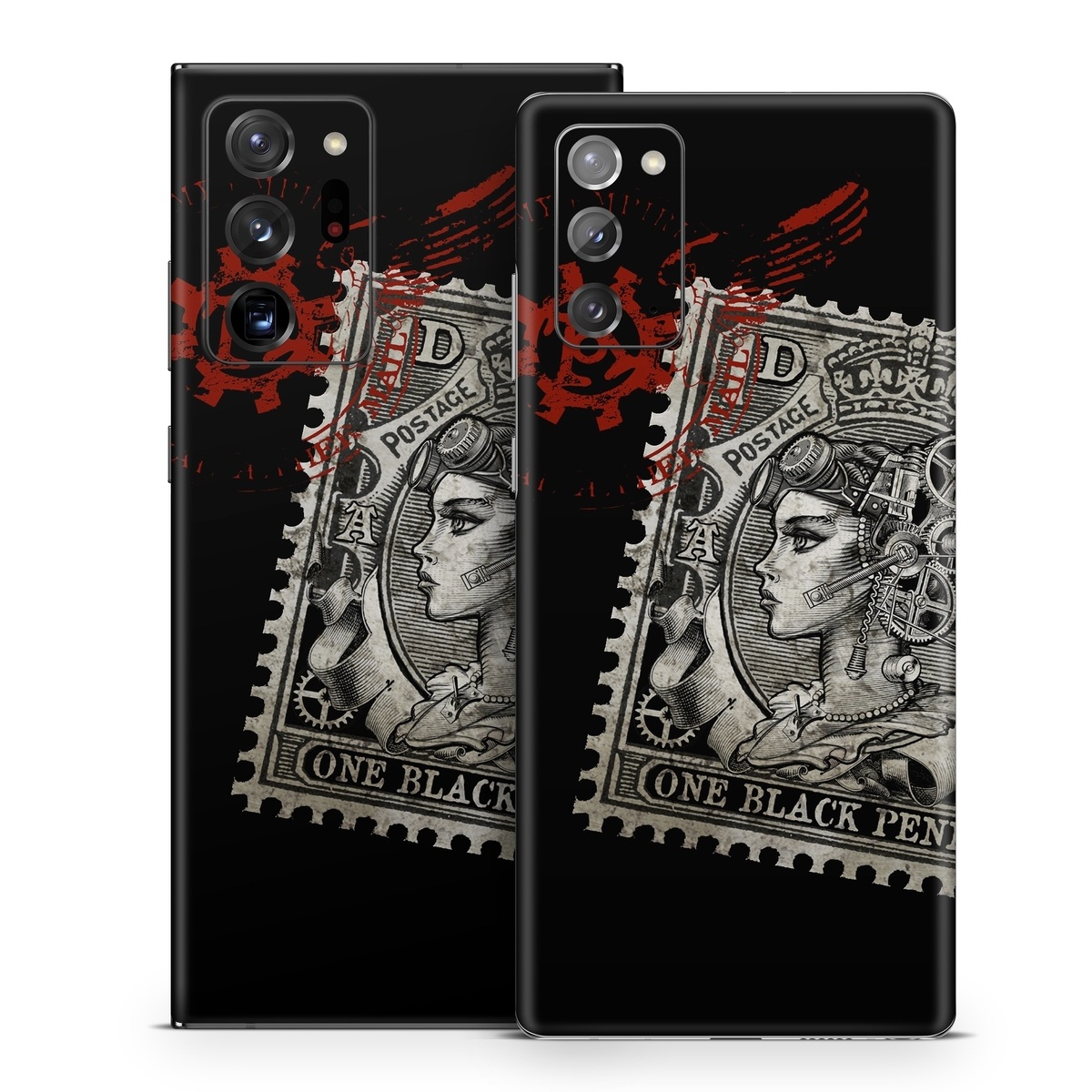 Samsung Galaxy Note 20 Series Skin design of Font, Postage stamp, Illustration, Drawing, Art, with black, gray, red colors
