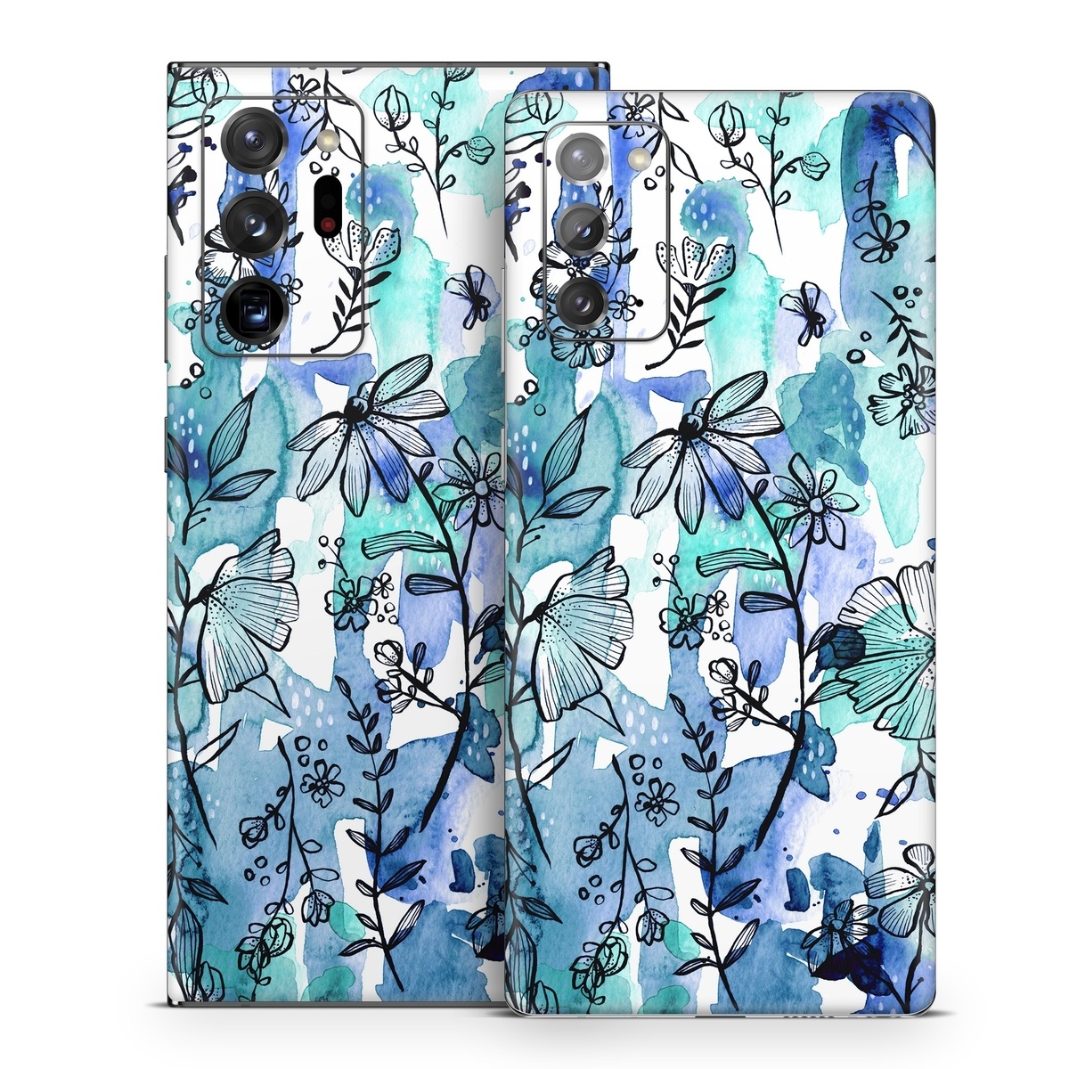 Samsung Galaxy Note 20 Series Skin design of Blue, Pattern, Turquoise, Aqua, Design, Textile, Wildflower, Plant, Wrapping paper, Gift wrapping, with blue, white, black, purple colors