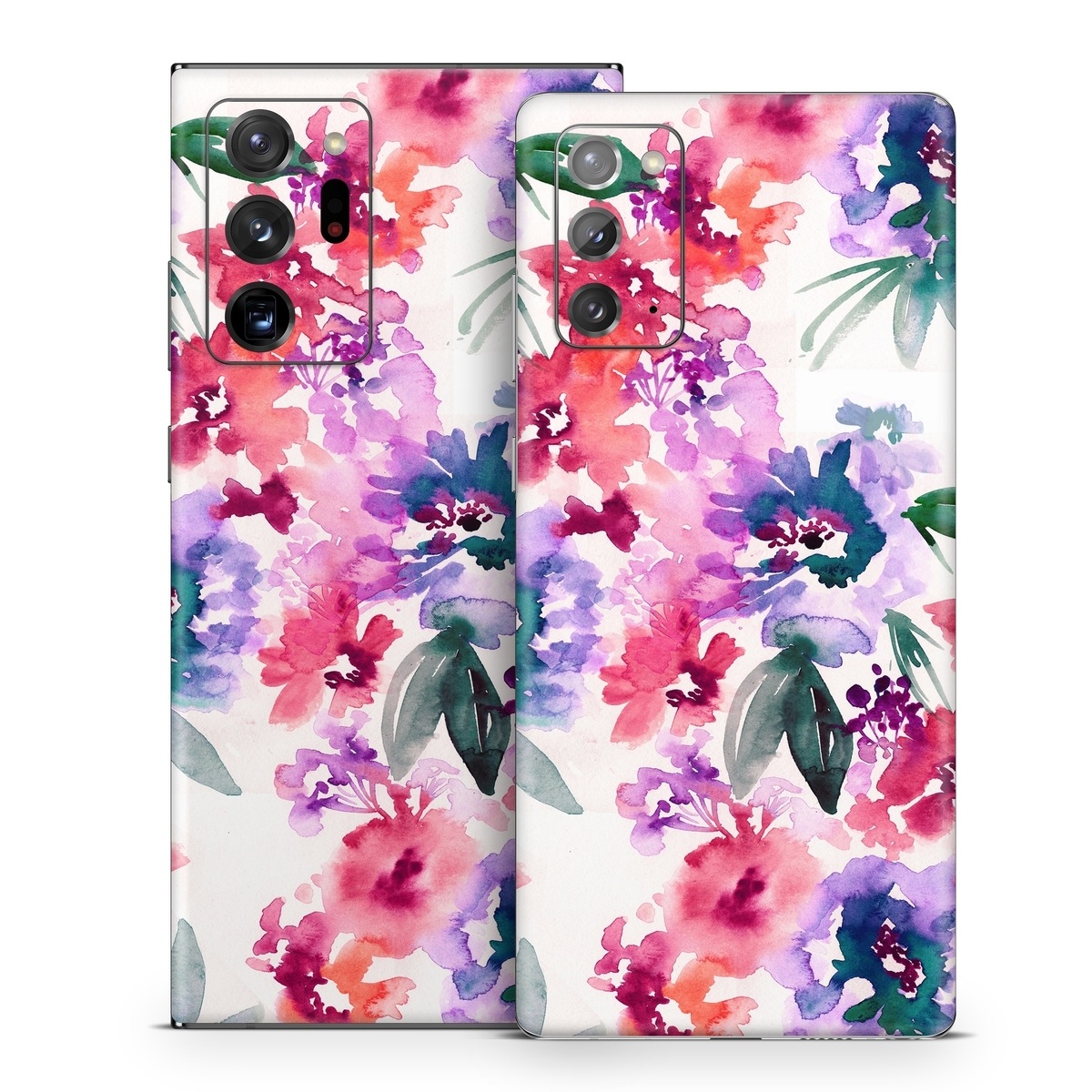 Samsung Galaxy Note 20 Series Skin design of Purple, Pattern, Pink, Lilac, Violet, Flower, Watercolor paint, Floral design, Plant, Design, with green, pink, red, purple, white colors