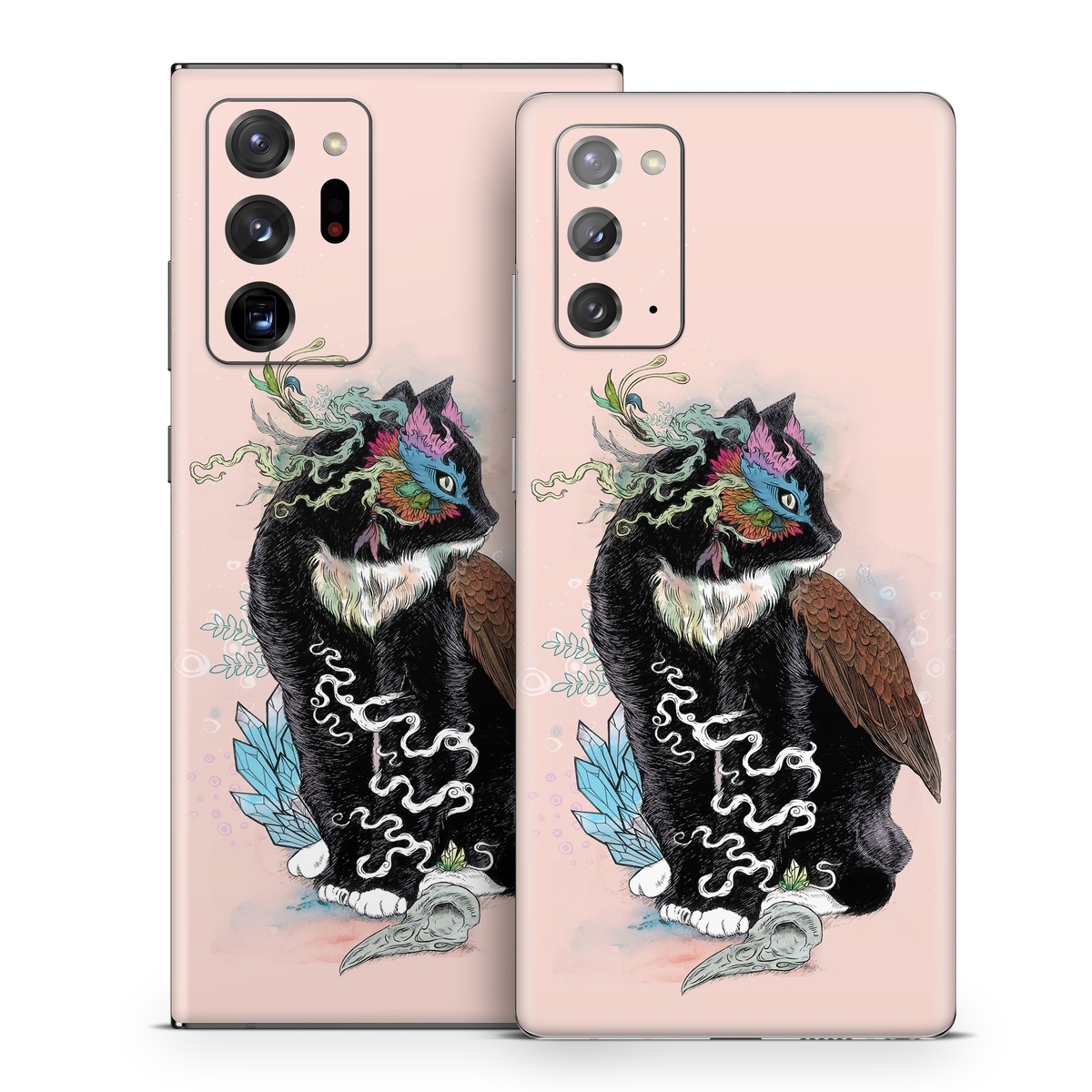 Samsung Galaxy Note 20 Series Skin design of Illustration, Owl, Art, Graphic design, Cat, Tail, with pink, black, brown, red, green colors