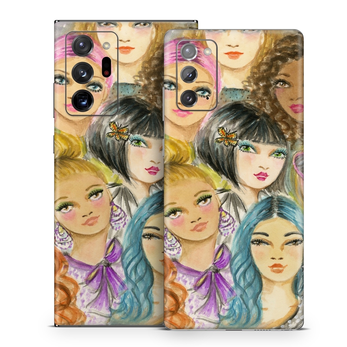 Samsung Galaxy Note 20 Series Skin design of Face, Hair, Head, Art, Hair coloring, Cheek, Illustration, Human, Watercolor paint, Brown hair, with white, black, brown, yellow, purple, blue, pink colors
