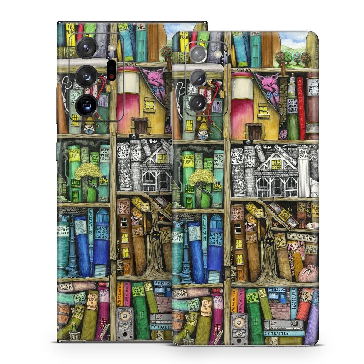 Samsung Galaxy Note 20 Series Skin design of Collection, Art, Visual arts, Bookselling, Shelving, Painting, Building, Shelf, Publication, Modern art, with brown, green, blue, red, pink colors
