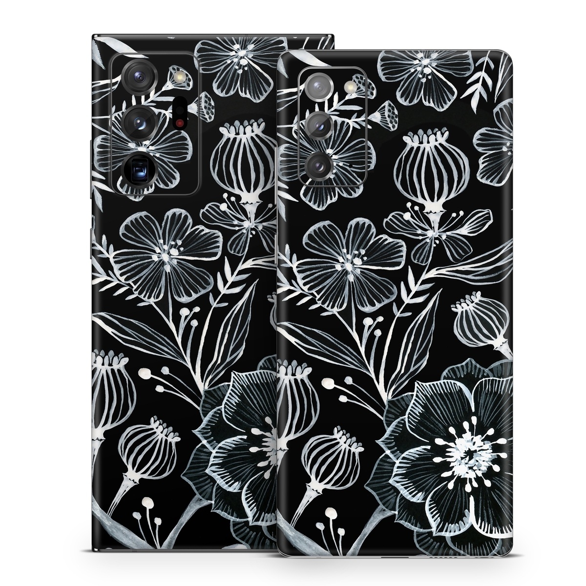 Samsung Galaxy Note 20 Series Skin design of Pattern, Black-and-white, Flower, Monochrome photography, Plant, Design, Monochrome, Botany, Wildflower, Visual arts, with black, white colors