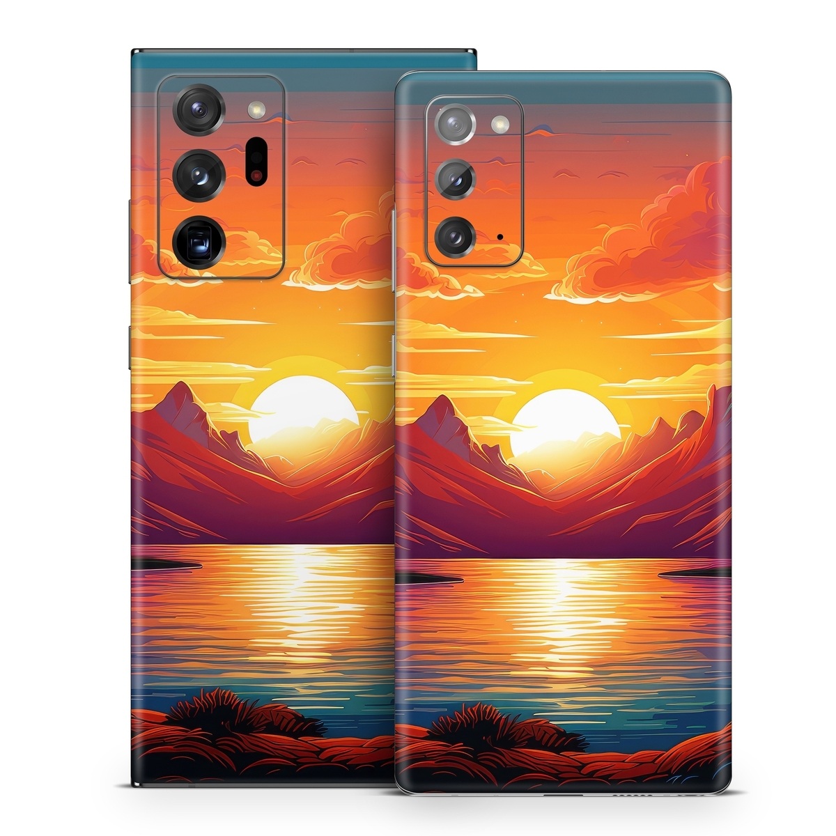 Samsung Galaxy Note 20 Series Skin design of Water, Cloud, Sky, Ecoregion, Afterglow, Light, World, Nature, Natural landscape, Mountain, with red, orange, yellow, blue, purple colors