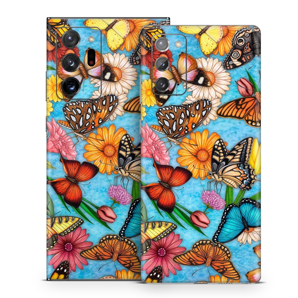 Samsung Galaxy Note 20 Series Skin design of Cynthia (subgenus), Butterfly, Monarch butterfly, Moths and butterflies, Brush-footed butterfly, Pollinator, Insect, Pattern, Design, Organism, with blue, pink, orange, yellow, red colors