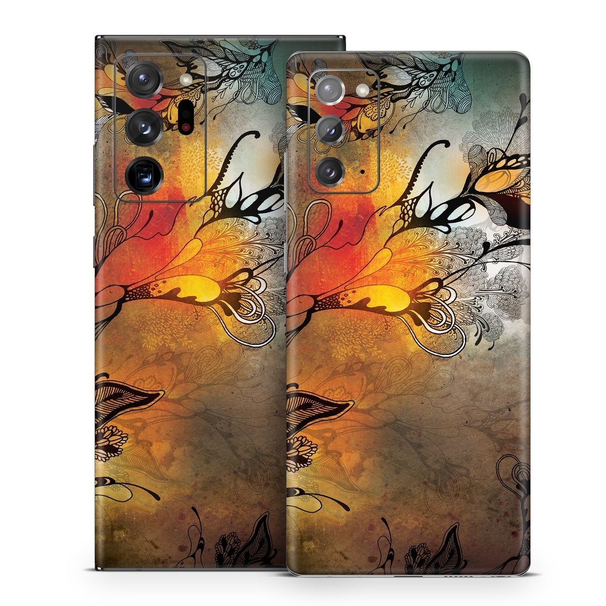 Samsung Galaxy Note 20 Series Skin design of Yellow, Orange, Art, Branch, Leaf, Graphic design, Visual arts, Pattern, Design, Modern art, with black, red, orange, yellow colors